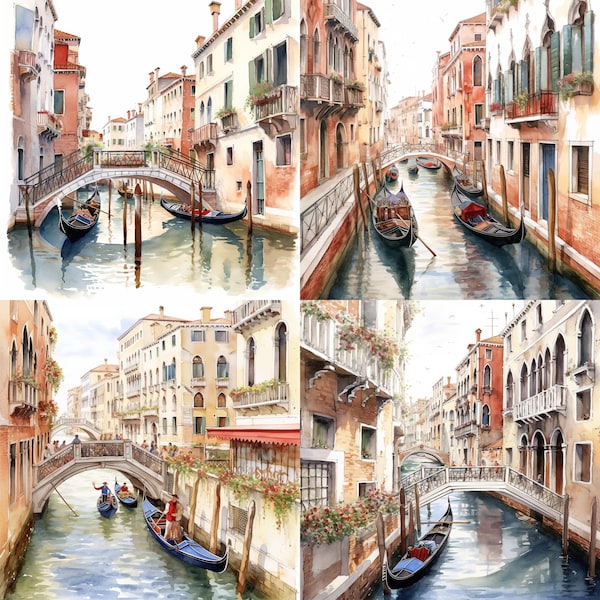 Aquarelle Venise, Architecture, Fabrication de cartes, Décoration d'art mural, Paysage, Téléchargement numérique imprimable, Ensemble de 4, HD