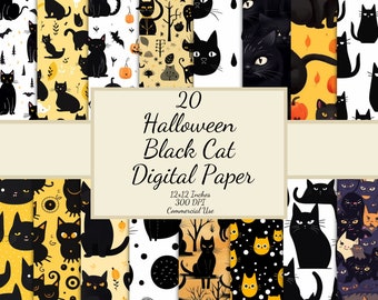 20 Halloween Black Cat Digital Journal Paper, Scrapbook Paper, Seamless Pattern Paper, Printable Digital Paper, Halloween Paper Texture