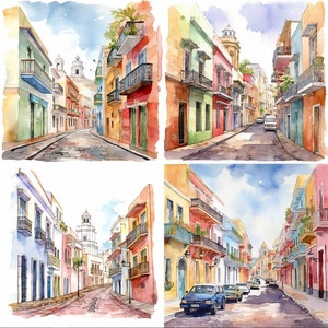 Watercolor Old San Juan Cityscape In Puerto Rico, Architecture, Wall Art Decoration, Lanscape, Printable Digital Download, Set of 4, HD