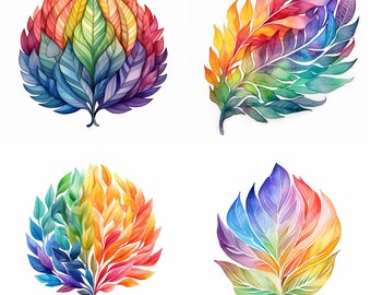 Watercolor Rainbow Leaves, Flower Clipart, Card Making, Nature, Wall Art Decoration, Flower, Printable Digital Download, Set of 4, HD