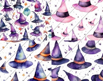 Watercolored Witch Hat Pattern Art, Clipart, Card Making, Wall Art Decoration, Printable Digital Download, Set of 4, HD, Halloween Art