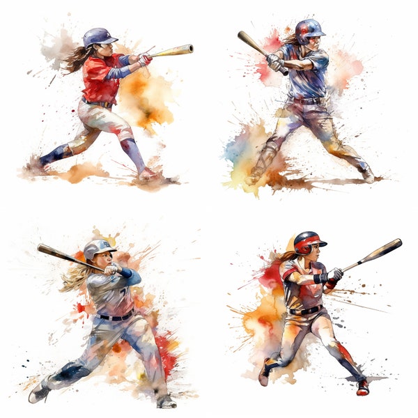 Jugador de softbol de acuarela en acción, imágenes prediseñadas, decoración de arte de pared, deporte, descarga digital imprimible, conjunto de 4, HD