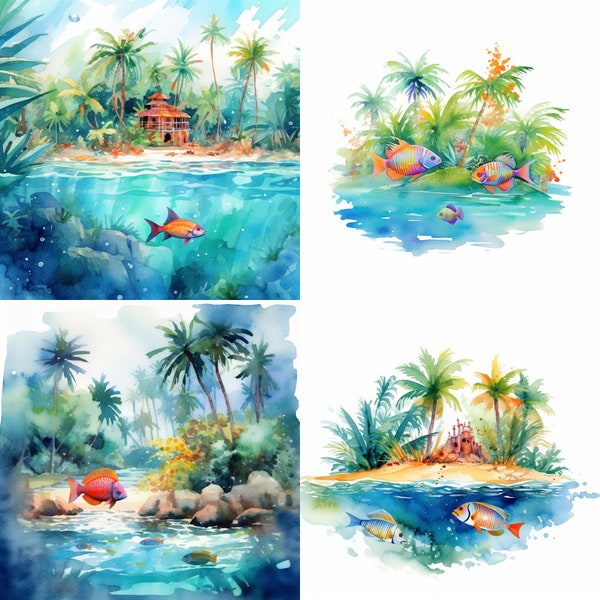 Watercolor Tropical Island, Clipart, Card Making, Botanical, Wall Art Decoration, Landscape, Printable Digital Download, Set of 4, HD