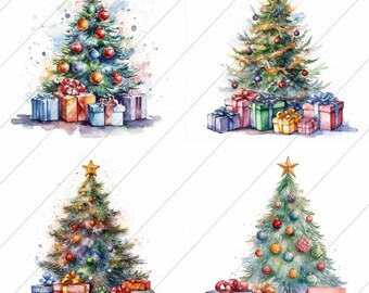 Watercolor Christmas Trees With Gifts, Clipart, Card Making, Wall Art Decoration, Attractions, Printable Digital Download, Set of 4, HD