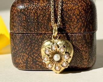 Antique Flower Heart Pendant, 15ct Gold & Pearl