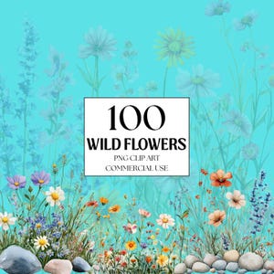 100 PNG Wildflower Flowerbed Clipart, Wild Flowers, Printable Watercolor clipart, Transparent PNGs, Digital download, Paper craft, journal