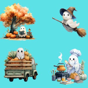 May include: Watercolor illustrations of Halloween ghosts. One ghost reads under a tree with pumpkins, another flies on a broom, a third rides in a truck filled with pumpkins, and the last cooks with pumpkins.