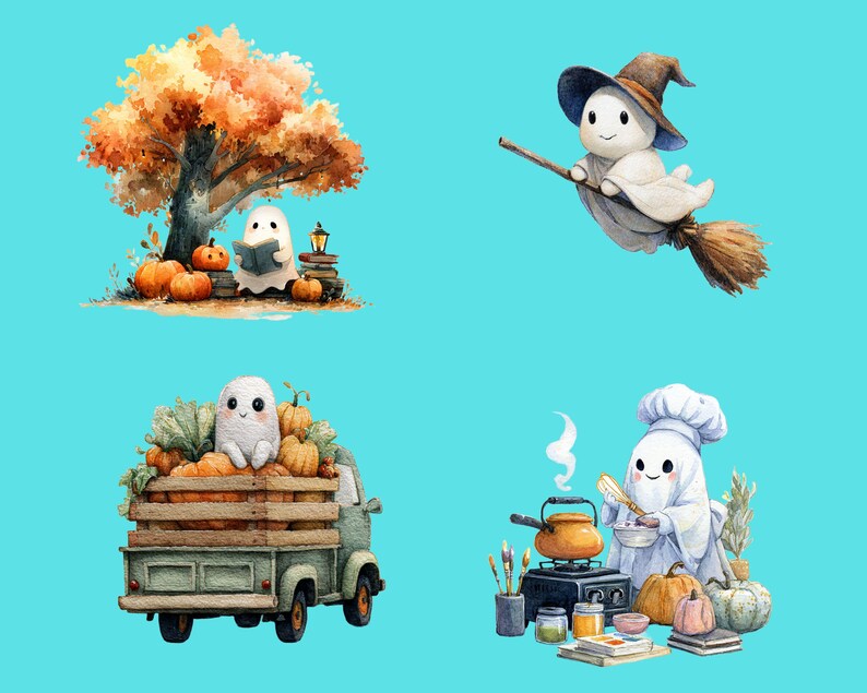 May include: Watercolor illustrations of Halloween ghosts. One ghost reads under a tree with pumpkins, another flies on a broom, a third rides in a truck filled with pumpkins, and the last cooks with pumpkins.