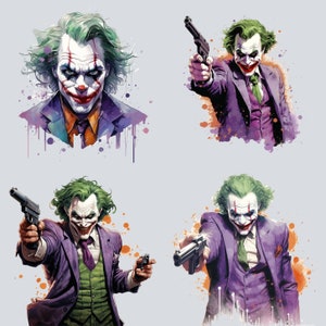 May include: Four digital illustrations of the Joker from Batman comics. Each illustration features the Joker in a purple suit with a green vest and a green and purple tie. Each illustration features the Joker with a different expression and holding a gun. The background of each illustration is a light gray with a watercolor effect.