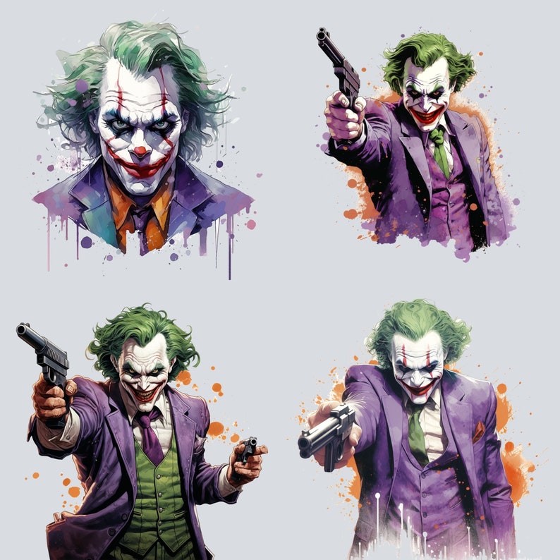 May include: Four digital illustrations of the Joker from Batman comics. Each illustration features the Joker in a purple suit with a green vest and a green and purple tie. Each illustration features the Joker with a different expression and holding a gun. The background of each illustration is a light gray with a watercolor effect.