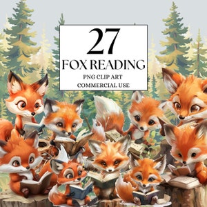 Fox Clipart, Book lover Clipart, Woodland Clipart, Woodland Animals Clipart, Watercolor Fox Reading Clipart, Enchanted Forest Clipart PNG