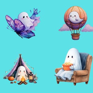May include: Four watercolor illustrations of friendly ghosts. One ghost is with a purple butterfly, another in a hot air balloon, a third camping, and the last one relaxing in a chair with popcorn. The background is a light blue.