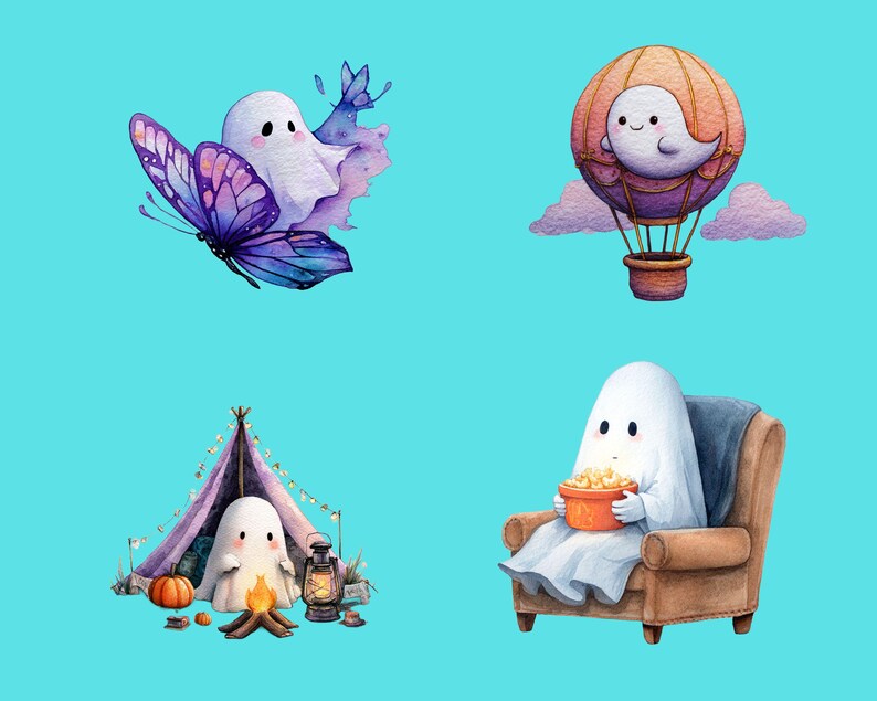 May include: Four watercolor illustrations of friendly ghosts. One ghost is with a purple butterfly, another in a hot air balloon, a third camping, and the last one relaxing in a chair with popcorn. The background is a light blue.