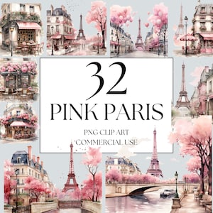 Clipart rosa Parigi, clipart PNG acquerello romantico Parigi, panetteria francese, uso commerciale, diario spazzatura, caffè a Parigi, vita parigina PNG