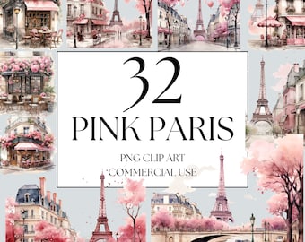Pink Paris Clipart, PNG Watercolor Romantic Paris clipart, french bakery, Commercial use, Junk journal, Cafe in Paris, Parisian Life PNG