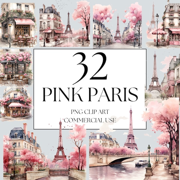 Pink Paris Clipart, PNG Watercolor Romantic Paris clipart, French bakery, Commercial use, Junk journal, Cafe in Paris, Parisian Life PNG