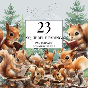 Imágenes Prediseñadas de ardilla del bosque, imágenes prediseñadas del bosque encantado, imágenes prediseñadas de lectura de ardilla bebé, imágenes prediseñadas de animales del bosque bebé, imágenes prediseñadas de cuento de hadas