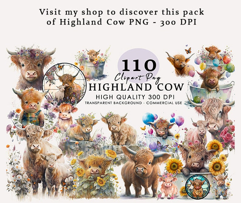 Highland Cow Illustrations Pack of 8 PNG for Digital Crafting - Etsy