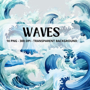 Tidal Waves Clipart, Blue Sea, Watercolor Ocean Wave, Beach, Summer, for commercial use, Nautical Clip Art, Transparent PNGs,