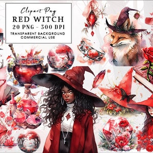 Red Witch Watercolor Clipart, 20 PNG Files, Instant Download, Commercial Use, Pagan Decor, Fantasy Junk, Fantasy Clipart, Witch Clipart