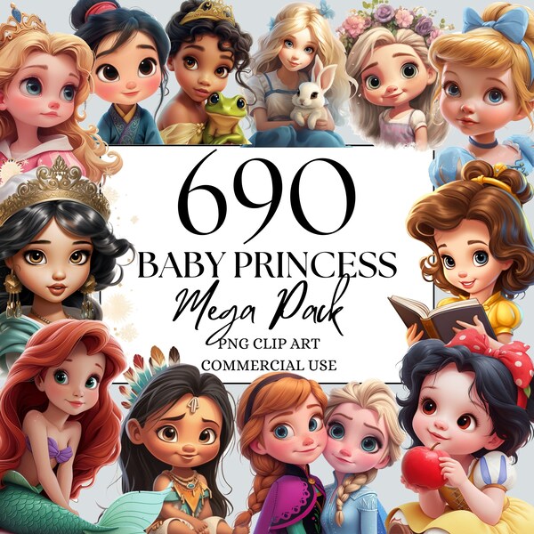 Baby Princess Clipart MegaPack of 690 PNG, Watercolor Fantasy Fairytale Clipart, for Commercial Use and Digital Download, Fantasy Princess