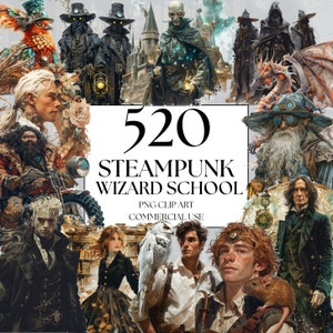 Steampunk Wizard School Clipart, Watercolor Magic school bundle, Halloween clipart, Witch and Wizard, Potions, Steampunk Library Clipart
