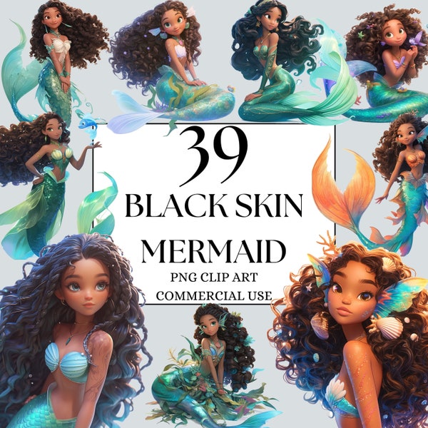 Black Skin Mermaid Clipart, Afro Mermaid PNG, Black Woman Clipart, Black Girl Magic, Afro Woman PNG, African Mermaid, Fantasy Mermaid