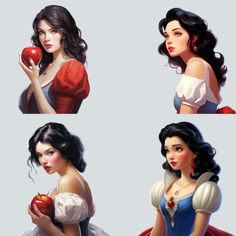 May include: Four illustrations of Snow White, a Disney princess, with different hairstyles and clothing. Each illustration features Snow White holding a red apple.