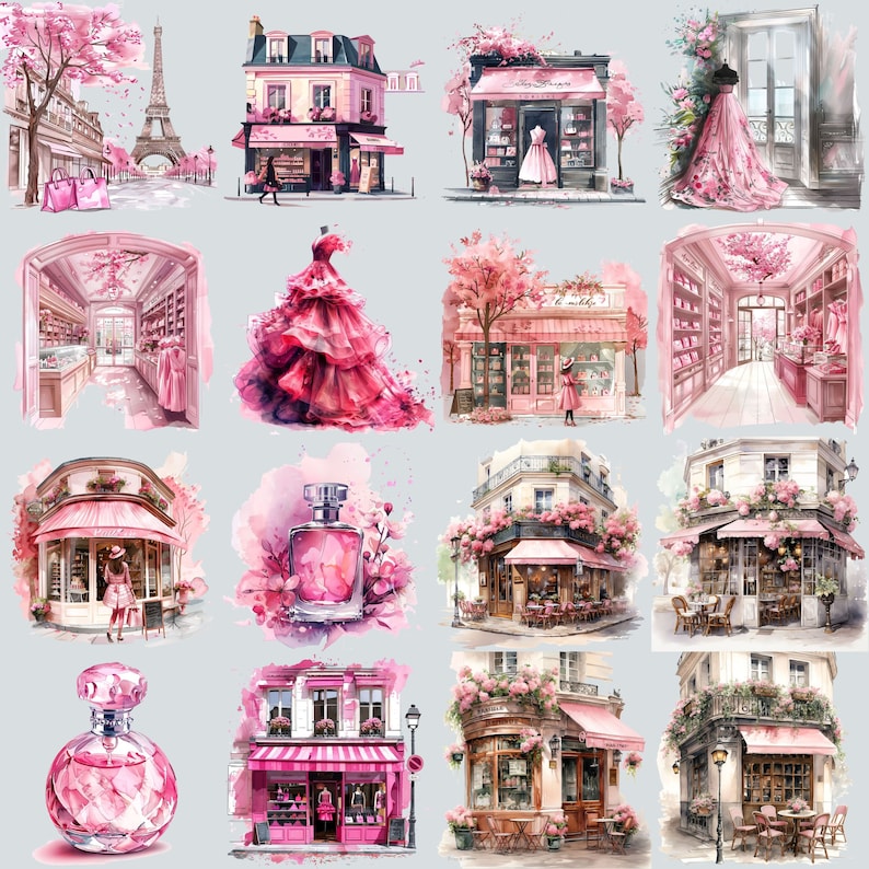 May include: A digital collage of 12 images featuring Parisian-themed scenes. The images include pink flowers, buildings, shops, and perfume bottles. The images are in a watercolor style.