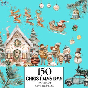 150 Cute Christmas Day Clipart - Cute Santa Claus - Sweet Christmas Family  - Christmas Watercolor Clipart - COMMERCIAL LICENSE INCLUDED