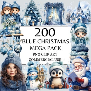 Blue Christmas Clipart Winter Holiday PNG Clipart - Blue Christmas Watercolor bundle clip art Xmas  Blue Christmas Sticker Clipart Bundle