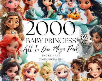 May include: A digital illustration of 2000 baby princess characters in a variety of poses and outfits. The image includes princesses with long flowing hair, crowns, and dresses. The text "2000 Baby Princess All In One Mega Pack PNG Clip Art Commercial Use" is displayed in the center of the image.