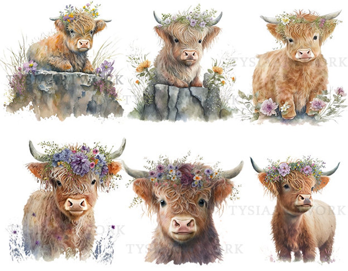 Highland Cow Flowers Illustrations, Pack of 12 PNG for Digital Crafting ...