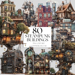 Steampunk Houses Watercolor Clipart Bundle, 80 PNG Steampunk Building Clipart, Home Graphics,Instant Digital Download, Commercial Use