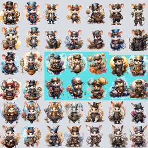 Pu&ograve; includere: Una collezione di 48 illustrazioni digitali che presentano topi in stile steampunk con intricati ingranaggi, ruote dentate e altri dettagli meccanici. I topi sono raffigurati in varie pose e indossano diversi cappelli e accessori.