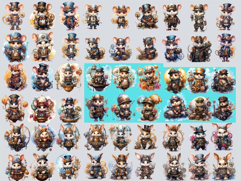 Pu&ograve; includere: Una collezione di 48 illustrazioni digitali che presentano topi in stile steampunk con intricati ingranaggi, ruote dentate e altri dettagli meccanici. I topi sono raffigurati in varie pose e indossano diversi cappelli e accessori.