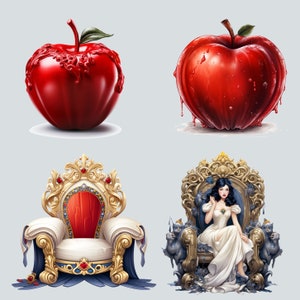May include: A digital illustration of a red apple, a golden throne with a red cushion, a white throne with blue and gold trim, and a woman in a white dress sitting on the throne.