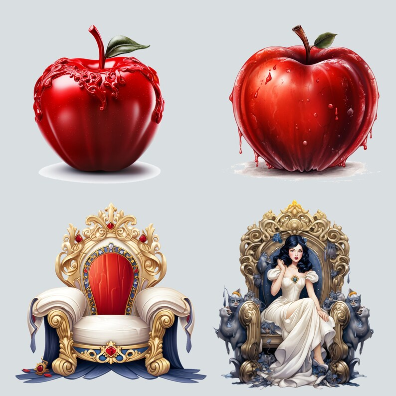 May include: A digital illustration of a red apple, a golden throne with a red cushion, a white throne with blue and gold trim, and a woman in a white dress sitting on the throne.