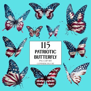 Clipart motyli 4 lipca - 115 PNG Patriotyczne grafiki motyli, świąteczne materiały do druku, natychmiastowe pobieranie cyfrowe, wykorzystanie komercyjne