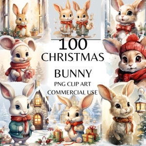 Clipart coniglietto di Natale, PNG di coniglio di Natale dell'acquerello, cartoline di Natale, invito di Natale, decorazione natalizia per uso commerciale