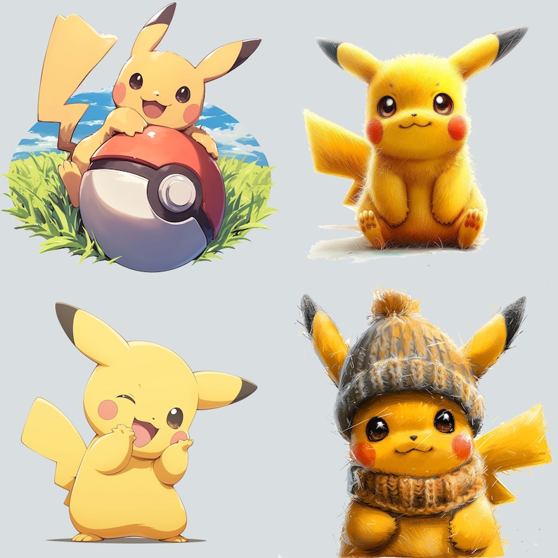 May include: Four illustrations of Pikachu, a popular cartoon character. The first image shows Pikachu holding a Pok&eacute; Ball. The second image shows Pikachu standing with its arms crossed. The third image shows Pikachu wearing a hat and scarf. The fourth image shows Pikachu with its mouth open and tongue sticking out.