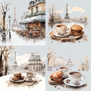 May include: Four watercolor paintings of Parisian scenes with coffee and pastries. Each painting features the Eiffel Tower, a cafe, and a cup of coffee with a pastry. The paintings are in a light blue, brown, and white color scheme.