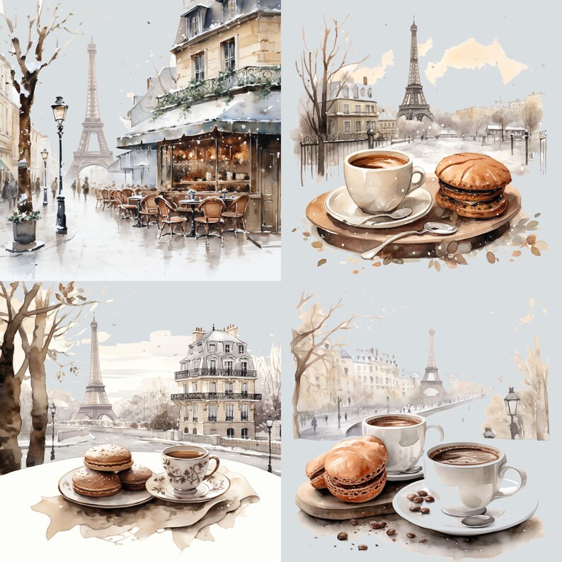May include: Four watercolor paintings of Parisian scenes with coffee and pastries. Each painting features the Eiffel Tower, a cafe, and a cup of coffee with a pastry. The paintings are in a light blue, brown, and white color scheme.