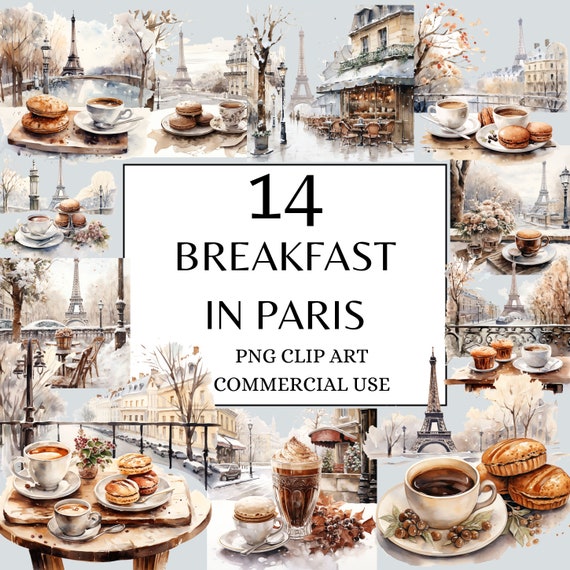 Breakfast in Paris Clipart, Parisian Breakfast Clipart, French Clipart, Eiffel Tower Clipart, Watercolor Paris Clipart, Paris PNG, Paris Art