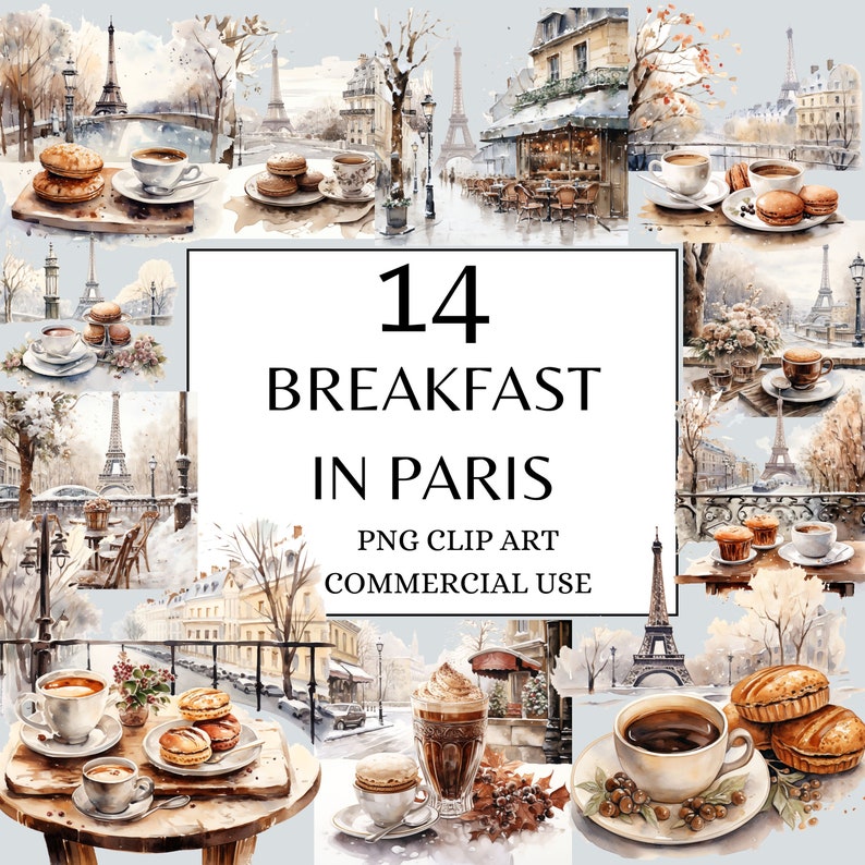 May include: A digital illustration of 14 watercolor paintings depicting breakfast scenes in Paris. The illustrations feature croissants, coffee, hot chocolate, and the Eiffel Tower.