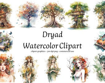 Watercolor Dryad Clipart - forest dryad magic tree and book - Forest Fantasy Clipart PNG Fantasy Tree Clipart Magical Dryad Forest Clipart