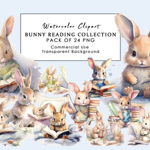Süße Hase Clipart PNG Aquarell Hase Clipart Kaninchen Clipart Kinderzimmer Dekor Baby Hase Clipart Hase Lesen png Hase Druck Hase PNG