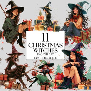 Ensemble d'illustrations de Sorcières de Noël, cliparts d'hiver pour tous vos projets créatifs, usage commercial inclus, téléchargement PNG