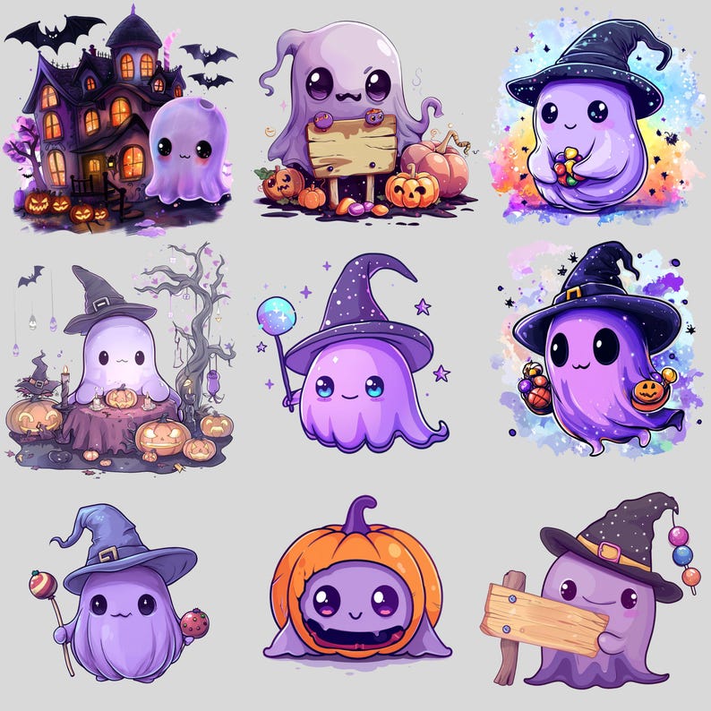 May include: Nine illustrations of cute purple ghosts with different Halloween themes. One ghost is wearing a witch hat, another is holding a wand, and another is dressed as a pumpkin.