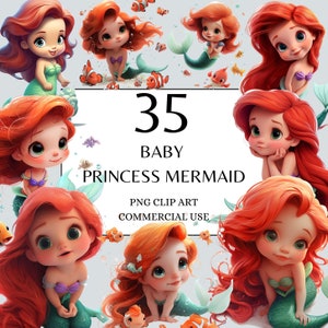 Baby Princess Mermaid clipart, PNG, pełne wykorzystanie komercyjne, akwarela Fantasy Princess Fairytale clipart Instant Download, Syrenka Princess